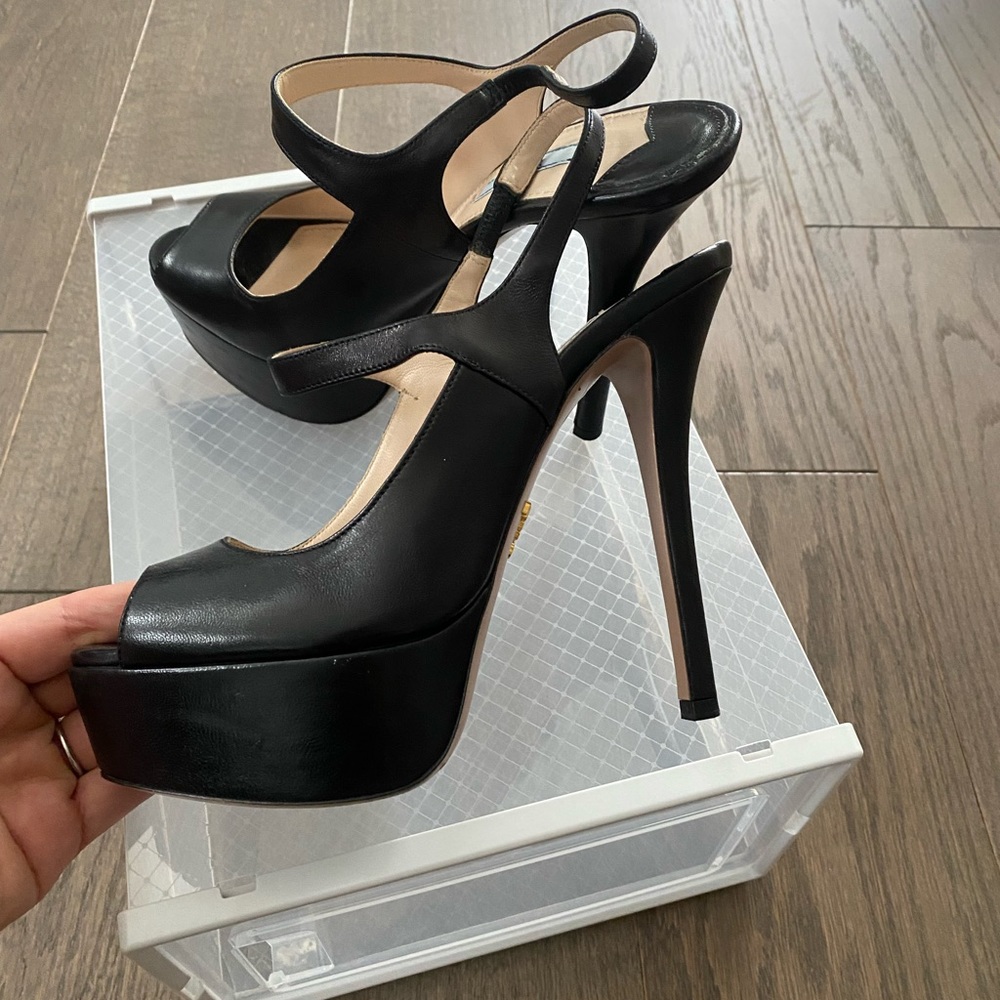 Prada Sling Back Platform Heels in Black Leather size 38.5